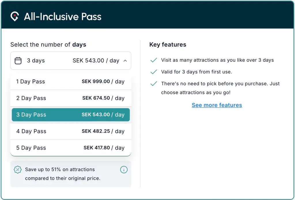 Table showing price per days depending on the number of days you buy the Go City Pass Stockholm, with key features.