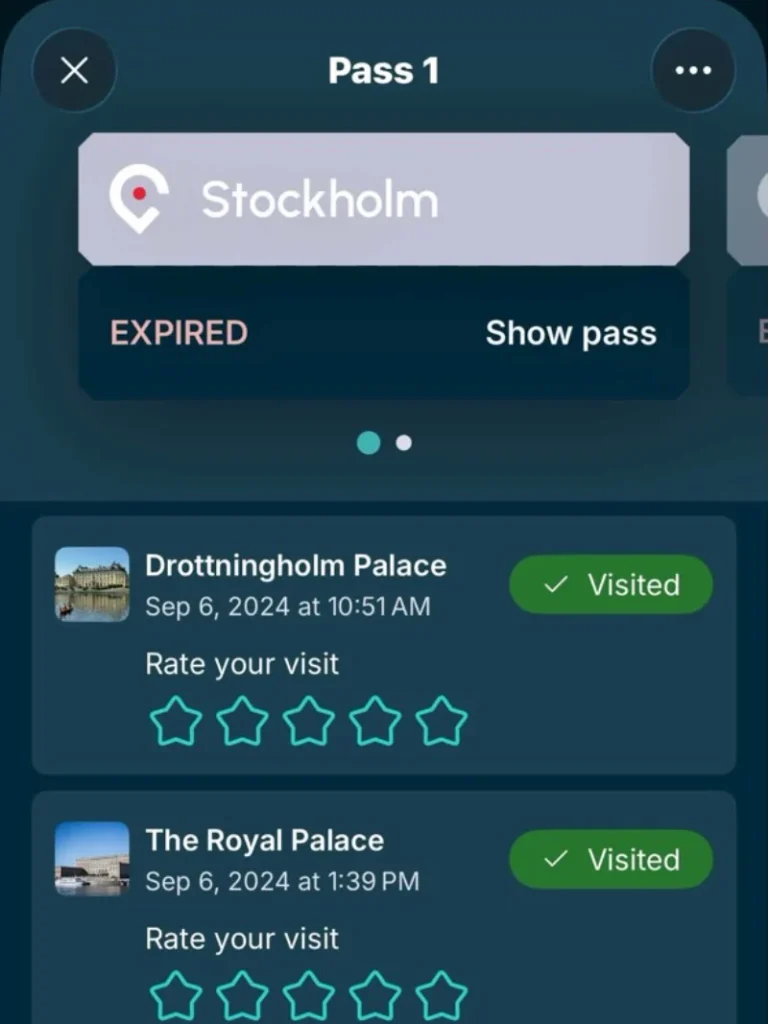 Go City Stockholm app showing visited attractions including Drottningholm Palace and the Royal Palace