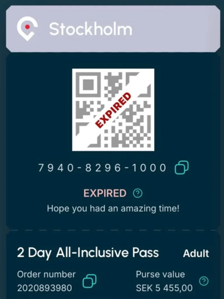 Expired 2-Day All-Inclusive Go City Stockholm Pass displayed in the app