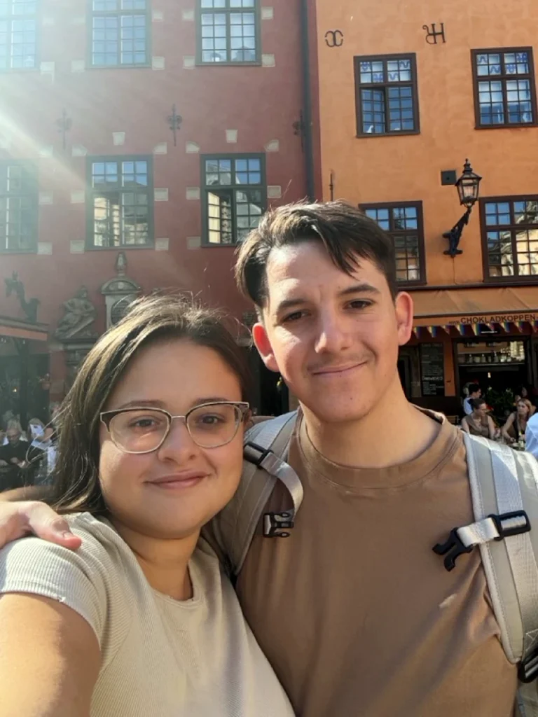 Martina and Cyprien in Stortorget square in Stockholm
