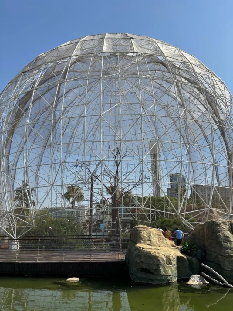 Bird dome at Oceanogràfic Valencia with birds flying freely inside