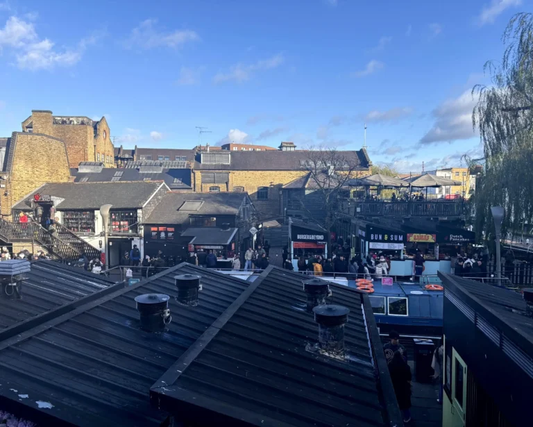 Vibrant view of Camden Market, showcasing colorful stalls and bustling crowds