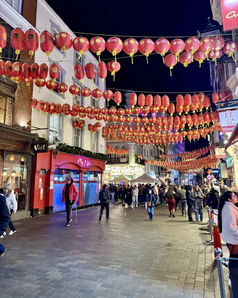 Vibrant Chinatown street with colorful signs and bustling activity, capturing the essence of the neighborhood's culture and atmosphere.